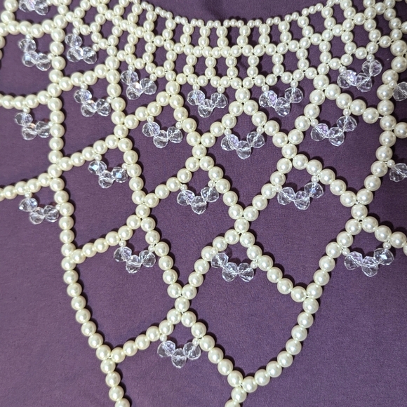 Faux Pearl & Crystal Beaded Weave Bib Necklace - Picture 5 of 8